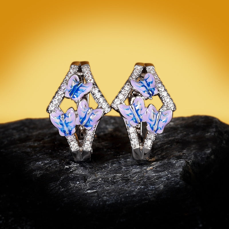 Blue Butterfly Enamel Hoop Earrings for Women with Zircon in 925 Sterling Silver