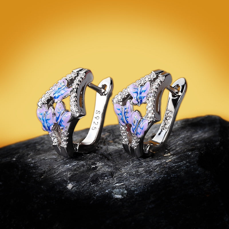 Blue Butterfly Enamel Hoop Earrings for Women with Zircon in 925 Sterling Silver