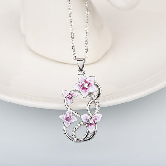 Fashion Jewelry Elegant Violet Flower Enamel Pendant Necklaces with Zircon in Silver Color