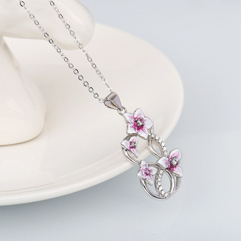 Fashion Jewelry Elegant Violet Flower Enamel Pendant Necklaces with Zircon in Silver Color