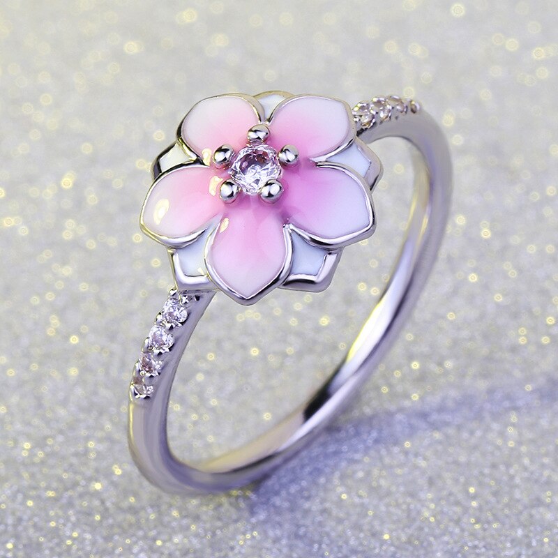 Chinese Jewelry Peach Blossom Enamel Ring for Women with Zircon in 925 Silver