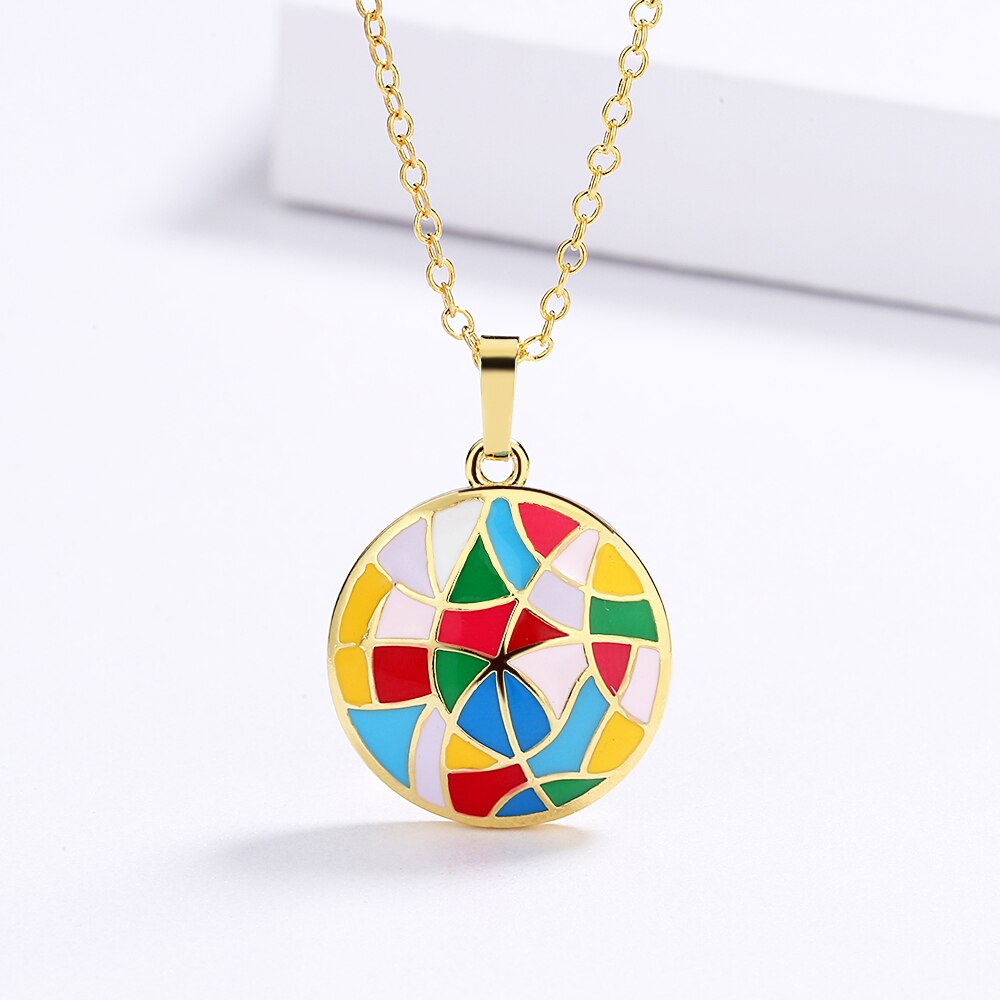 Irregular Geometric Enamel Pendant Necklaces for Women with Zircon in Gold Color