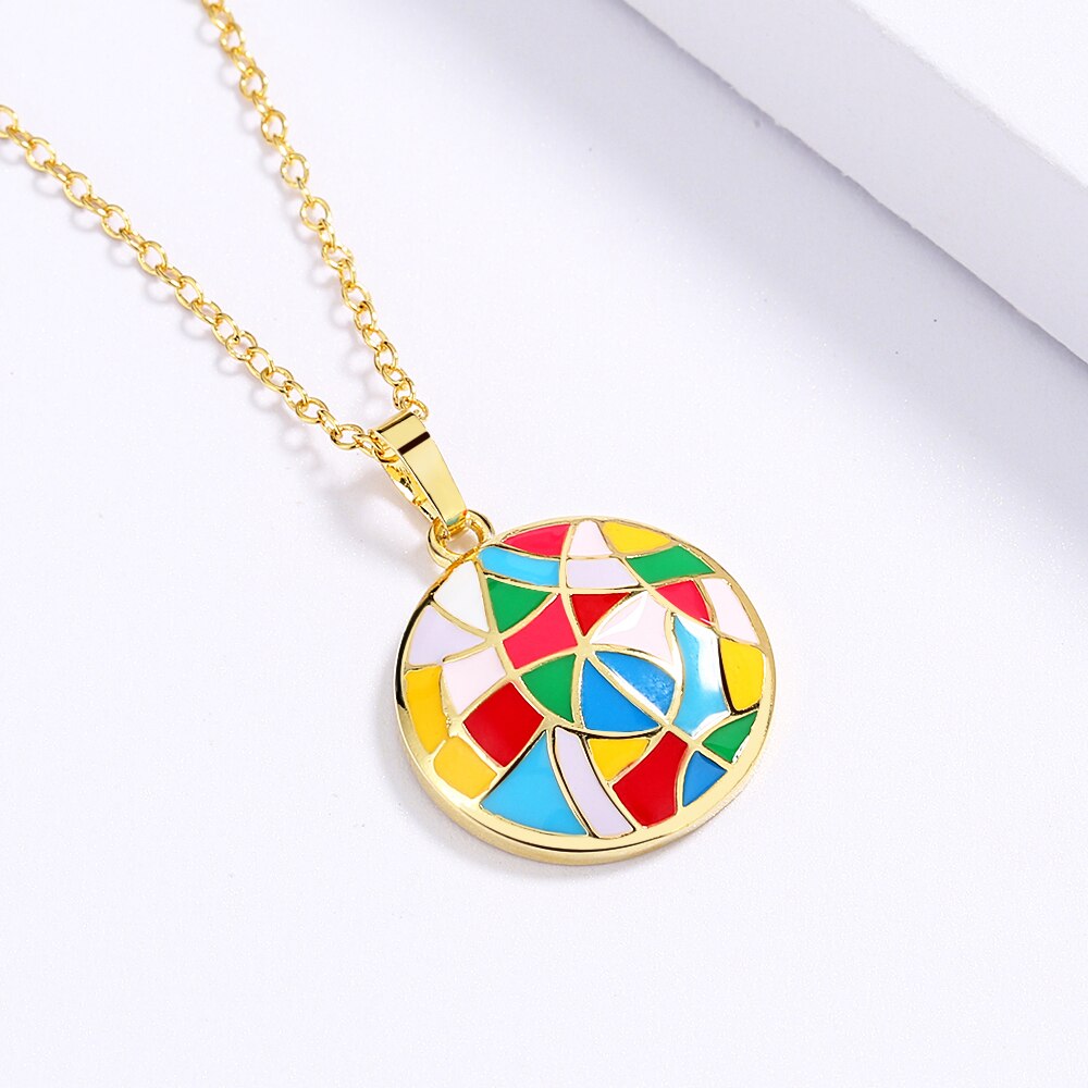 Irregular Geometric Enamel Pendant Necklaces for Women with Zircon in Gold Color