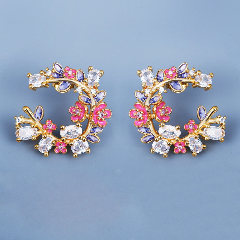 Fashion Jewelry Enamel Flower Hoop Earrings for Women with Zircon in 925 Sterling Silver