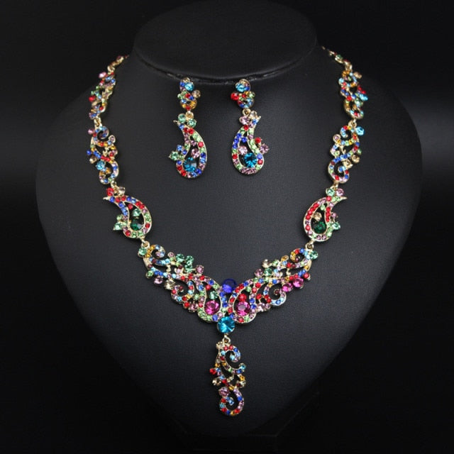 Wedding Jewelry Hollow Multicolor Flower Crystal Jewelry Set for Bridal Statement Accessories