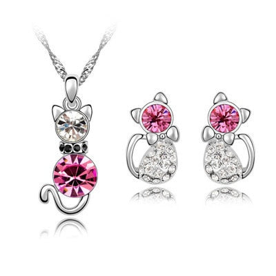 Fashion Jewelry Cute Silver Color Cat Crystal Jewelry Set for Women