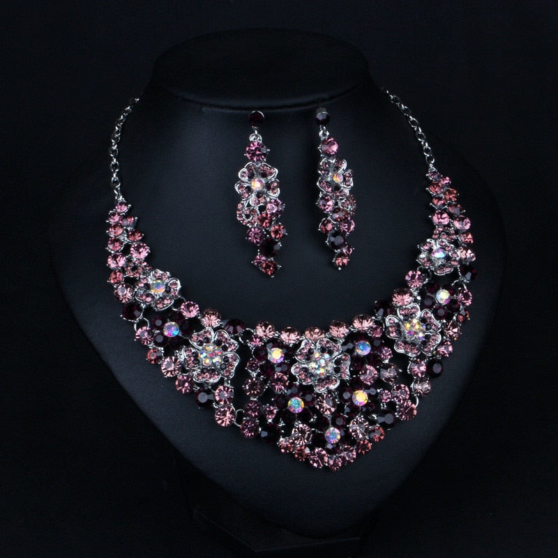Trendy Jewelry Vintage Purple Flower Crystal Jewelry Set for Women Costume Accessories