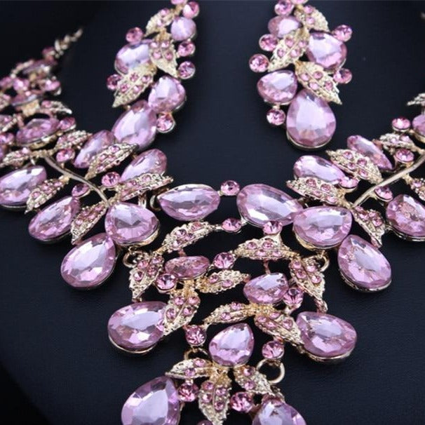Wedding Jewelry Luxury Colorful Crystal Leaf Jewelry Set for Bridal