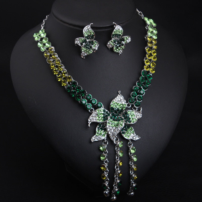 Trendy Jewelry Tassel Flower Crystal Jewelry Set for Women Costume Accessories