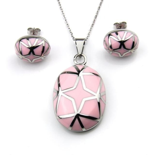 Stainless Steel Jewelry Oval Stars Style Pink Resin Jewelry Set for Women in Silver Color