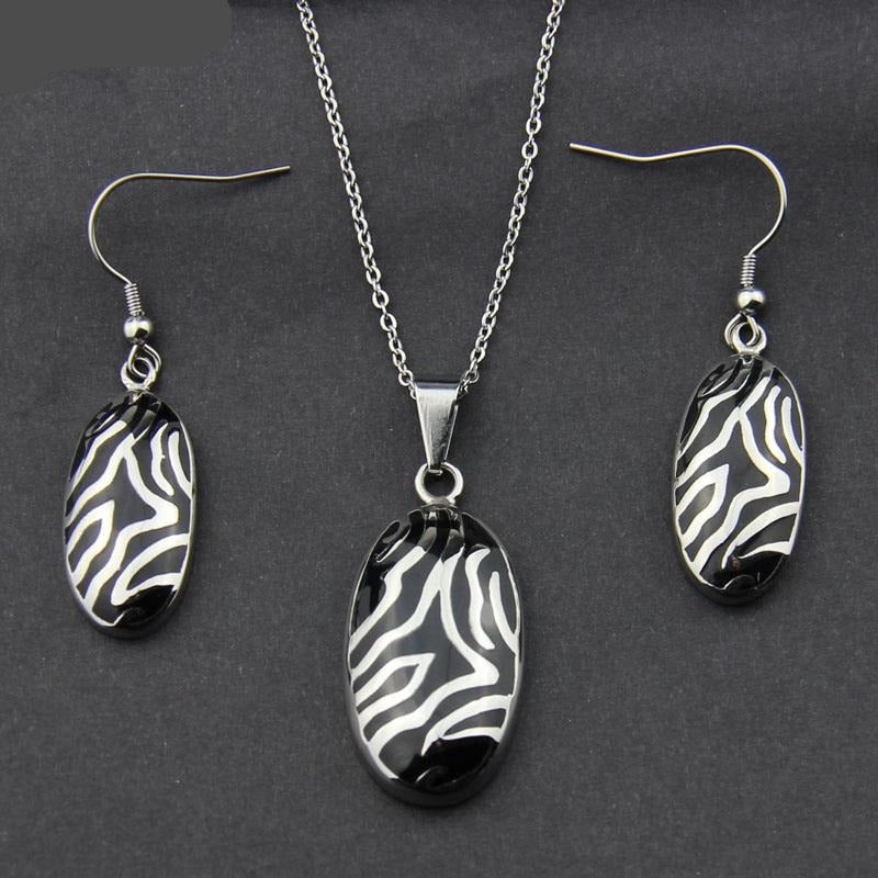 Stainless Steel Jewelry Zebra Stripes Resin Jewelry Set for Women in Silver Color