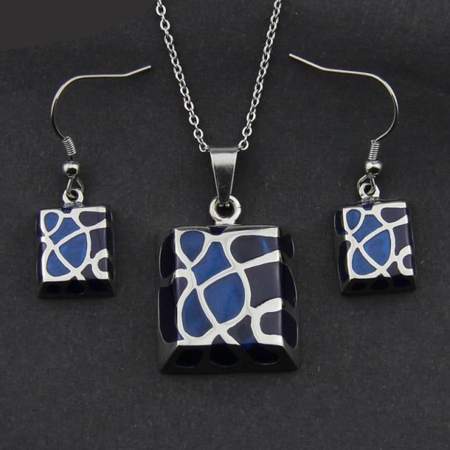 Stainless Steel Jewelry Shiny Polish Resin Square Jewelry Set for Women in Silver Color