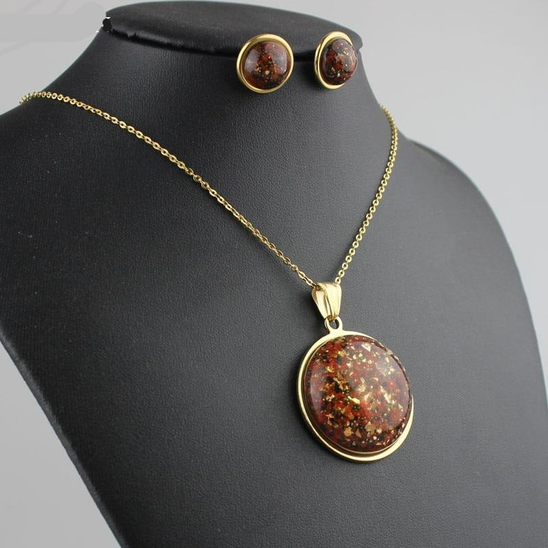 Stainless Steel Jewelry Round Special Resin Stone Jewelry Set for Women in Gold Color