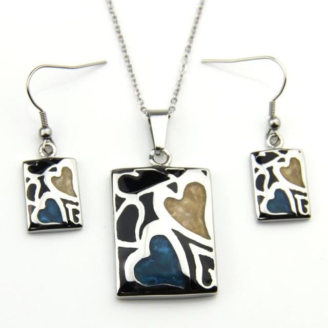 Stainless Steel Jewelry Heart Enamel Jewelry Set for Women in Silver Color