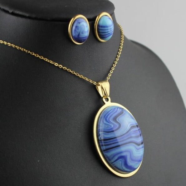 Stainless Steel Jewelry Egg Shape Special Resin Stone Jewelry Sets for Women in Gold Color