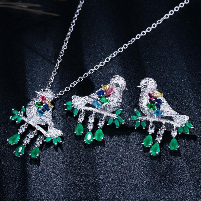 Luxury Jewelry Cute Bling Birds Jewelry Sets for Women with Green Crystal
