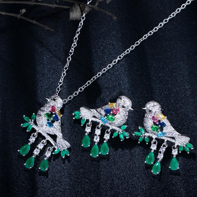 Luxury Jewelry Cute Bling Birds Jewelry Sets for Women with Green Crystal