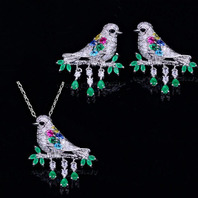 Luxury Jewelry Cute Bling Birds Jewelry Sets for Women with Green Crystal