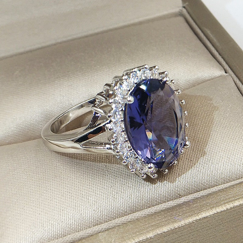 Luxury Classic Crystal Ring with Blue Princess Cut Stone in 925 Silver
