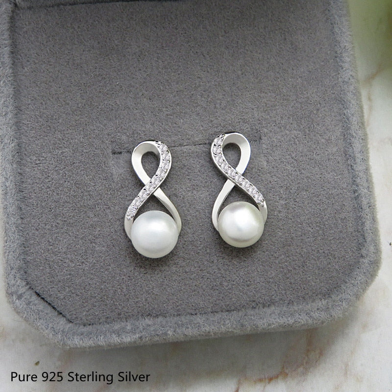 Trendy Jewelry Pretty White Infinity Pearl Earrings for Women in 925 Sterling Silver