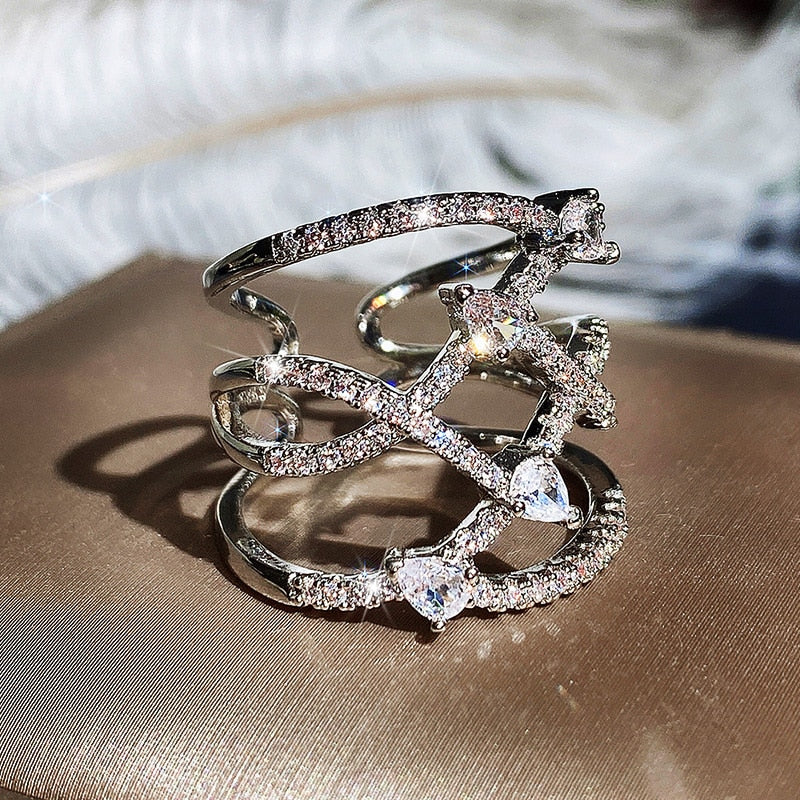 Trendy Jewelry Geometric X Cross Design Cubic Zircon Ring in Silver Color