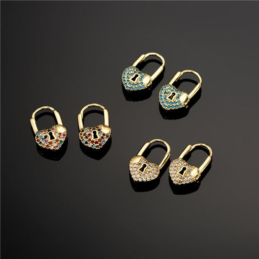 Rainbow Heart Small Lock Drop Earrings for Women with Zircon in Gold Color