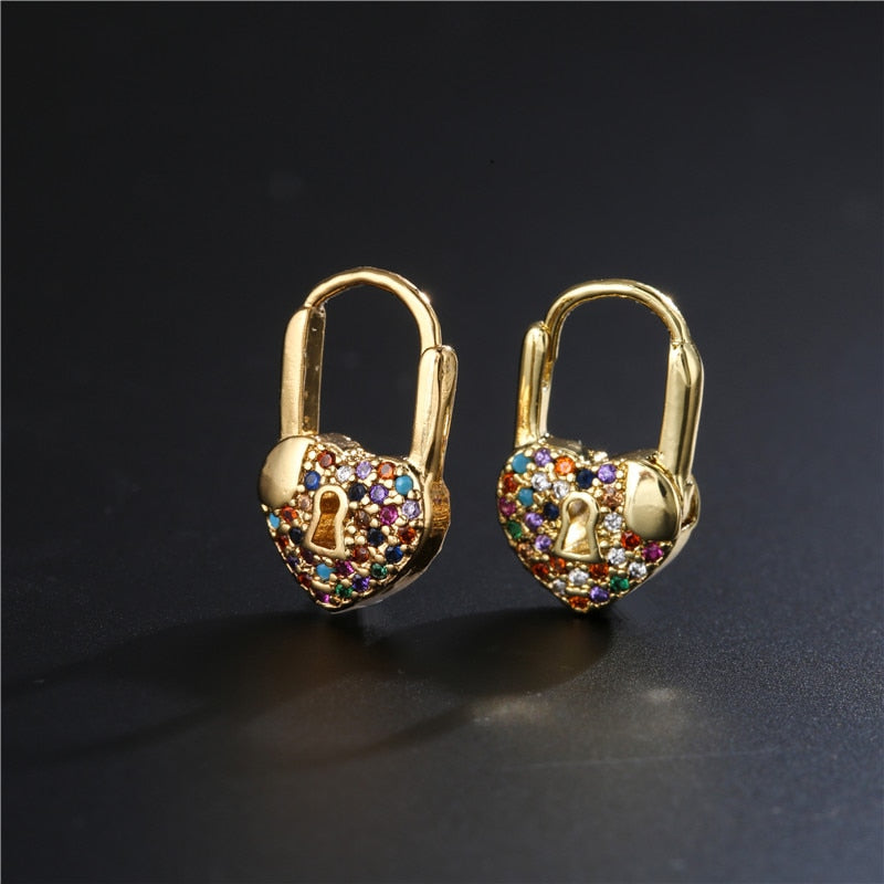 Rainbow Heart Small Lock Drop Earrings for Women with Zircon in Gold Color