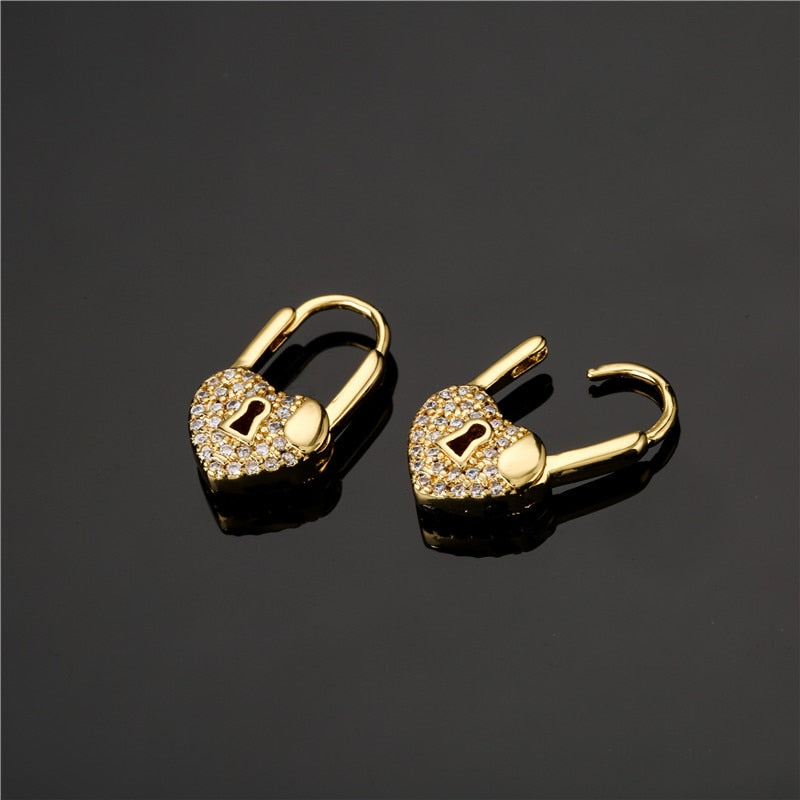 Rainbow Heart Small Lock Drop Earrings for Women with Zircon in Gold Color