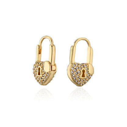 Rainbow Heart Small Lock Drop Earrings for Women with Zircon in Gold Color