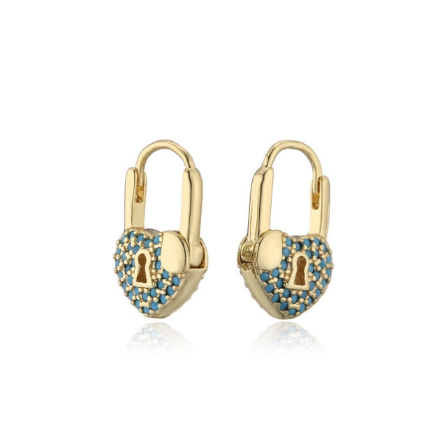 Rainbow Heart Small Lock Drop Earrings for Women with Zircon in Gold Color