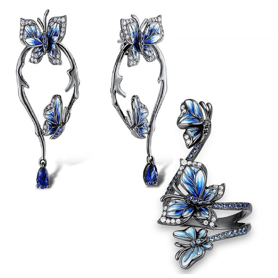 Blue Butterfly Flower Enamel Jewelry Set for Bridesmaids with Zircon in Silver Color Wedding Jewelry
