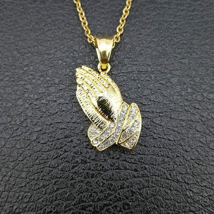 Hip Hop Jewelry Praying Hands Pendant Necklace with Rhinestone in Gold Color