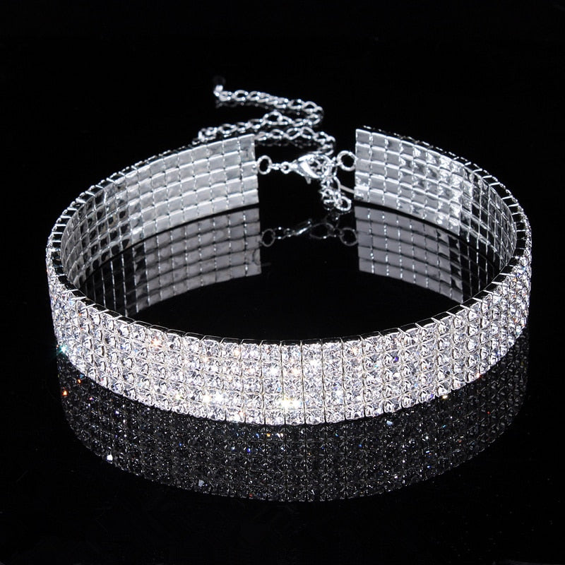 Wedding Jewelry Elegant Elastic Cord Choker Necklace for Bride with Rhinestone in Silver Color