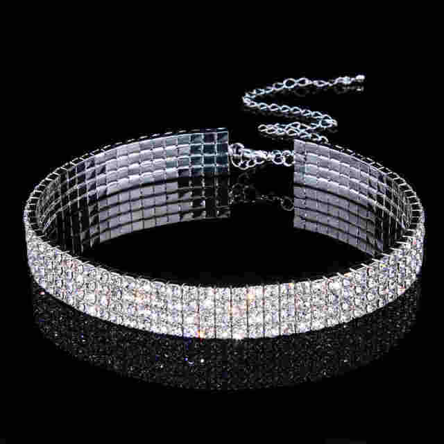 Wedding Jewelry Elegant Elastic Cord Choker Necklace for Bride with Rhinestone in Silver Color