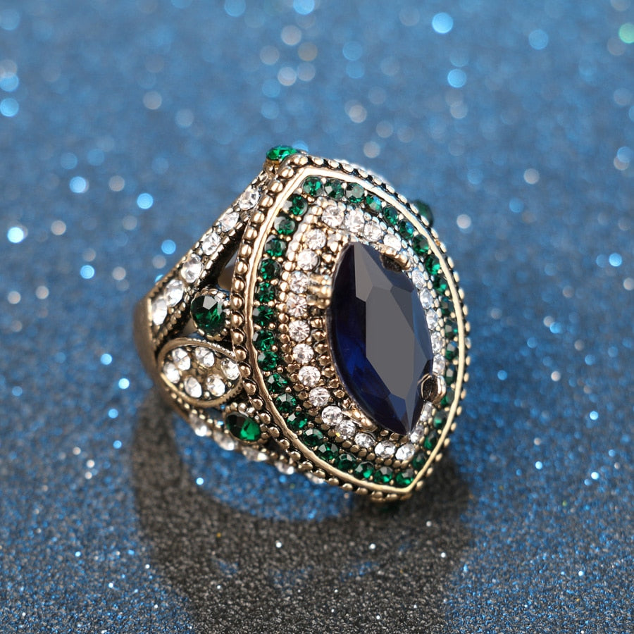 Vintage Jewelry Resin Sapphire Rings For Women with Zircon in Silver Color