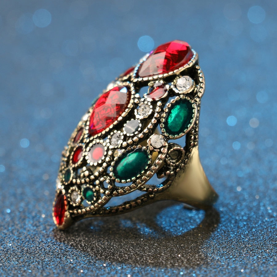 Vintage Jewelry Enamel Rings For Women with Red Resin Crystal in Silver Color