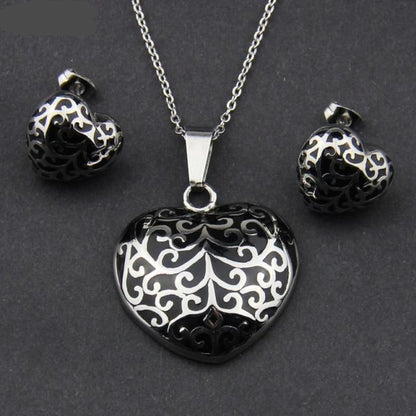 Stainless Steel Jewelry Retro Pattern Heart Enamel Jewelry Set for Women in Silver Color