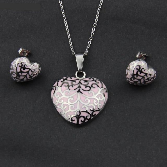 Stainless Steel Jewelry Retro Pattern Heart Enamel Jewelry Set for Women in Silver Color