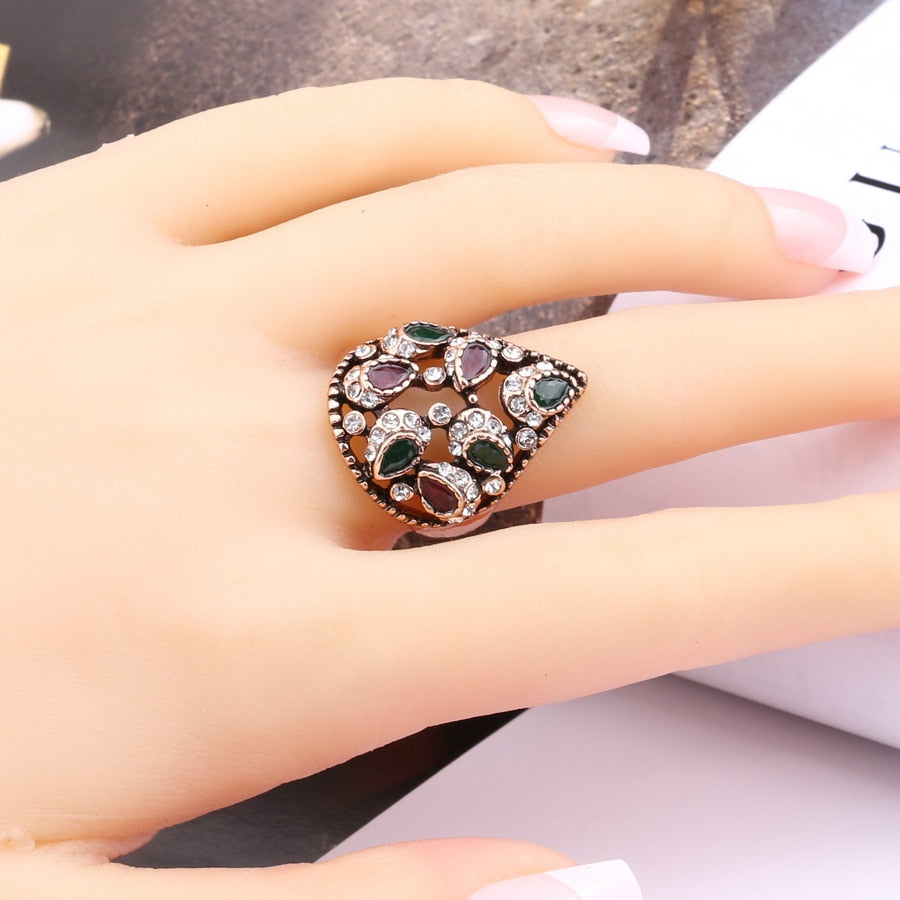 Vintage Jewelry Unique Party Antique Rings For Women with Color Crystal in Gold Color