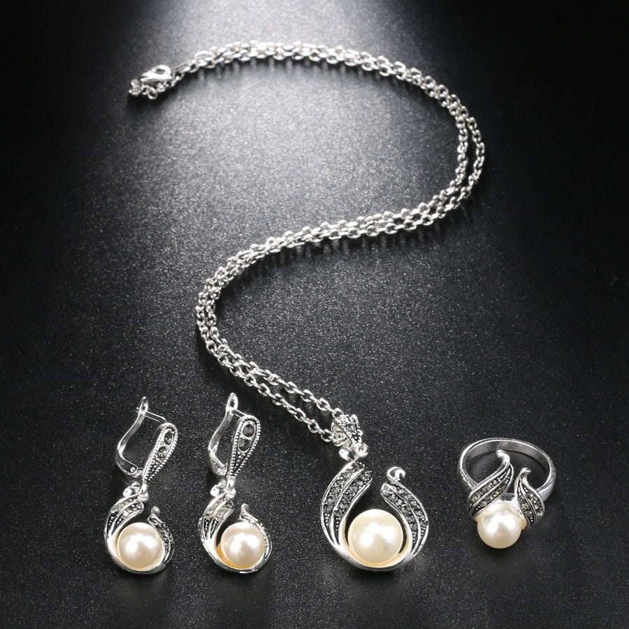 Vintage Jewelry Water Drop Pearl Jewelry Set for Women with Zircon in Silver Color
