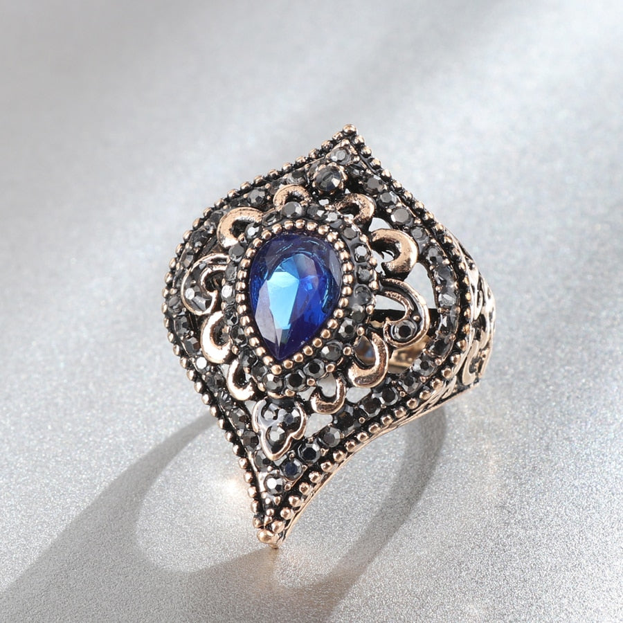 Vintage Jewelry Indian Blue Crystal Rings for Women with Zircon in Gold Color