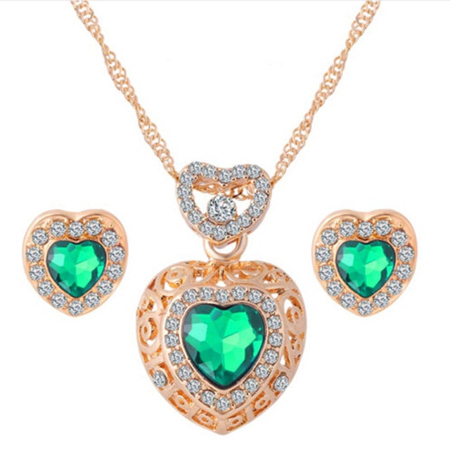 Wedding Jewelry Ethnic Green Heart Crystal Jewelry Sets for women as Wedding Accessories