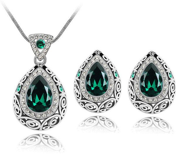 Wedding Jewelry Classic Green Indian Antique Crystal Jewelry Set for Bridal