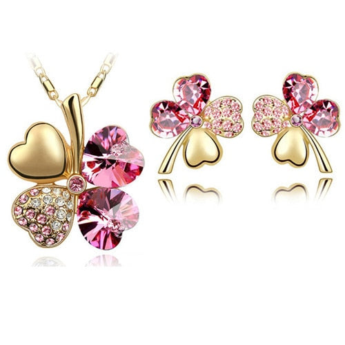 Fashion Jewelry Vintage Pink Clover Crystal Jewelry Set for Women as Festive Gifts