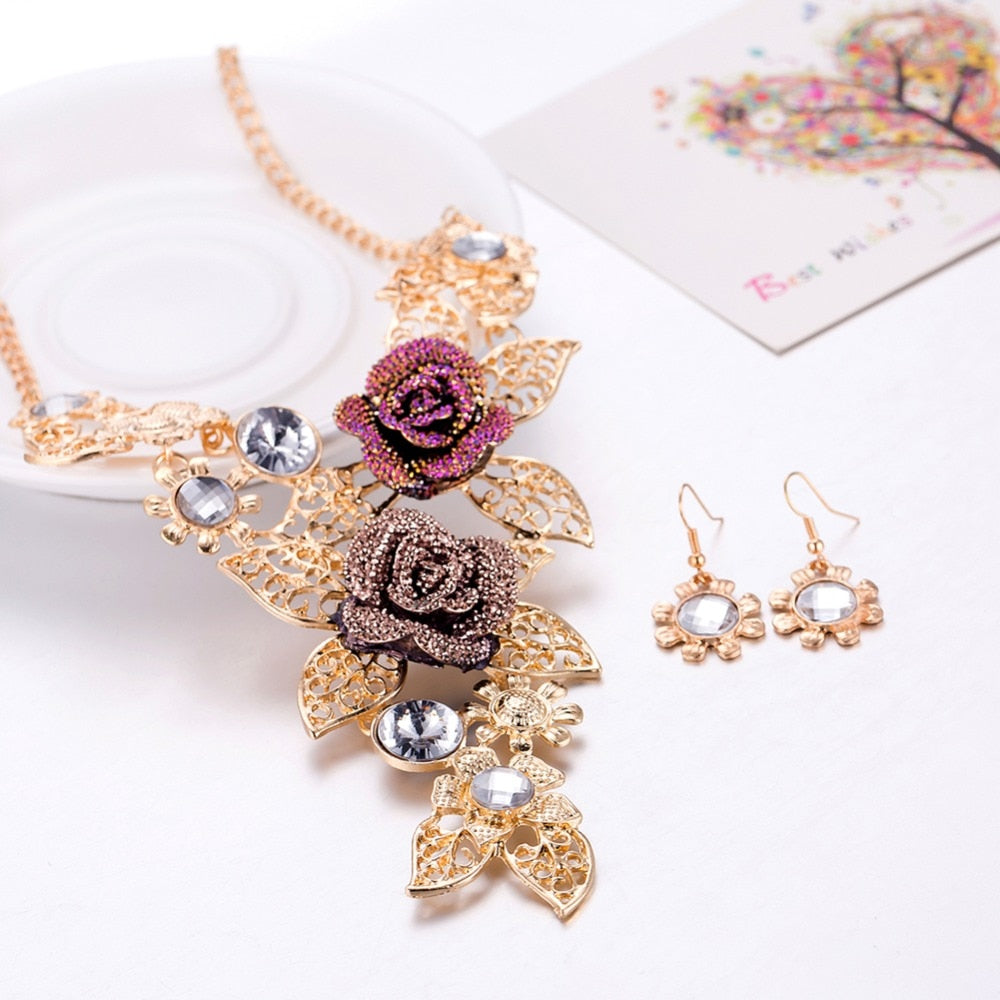 Wedding Jewelry Fashion Purple Multilayer Crystal Jewelry Set for Bridal Statement Accessories