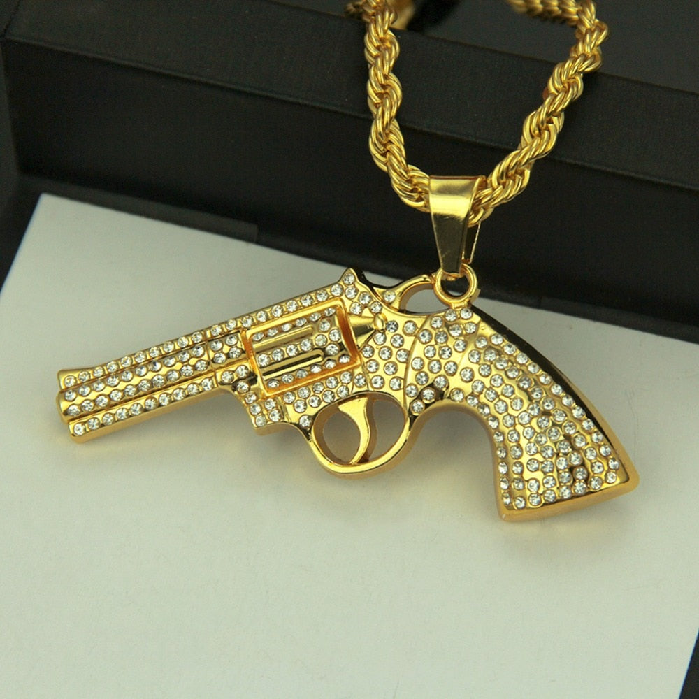 Hip Hop Jewelry Revolver Gun Pendant Necklaces for Men in Gold Color
