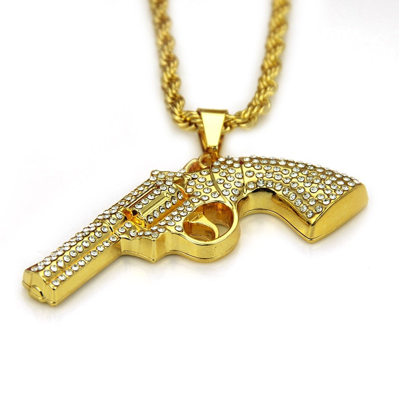 Hip Hop Jewelry Revolver Gun Pendant Necklaces for Men in Gold Color