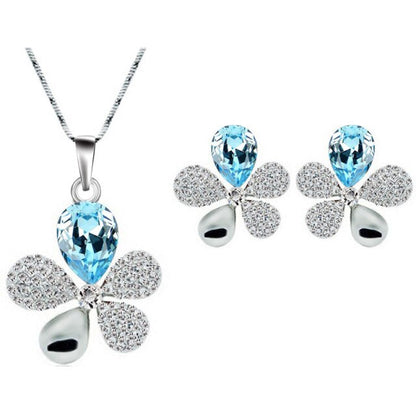 Fashion Jewelry Micro Pave Blue Flower Austrian Crystal Jewelry Set for Women