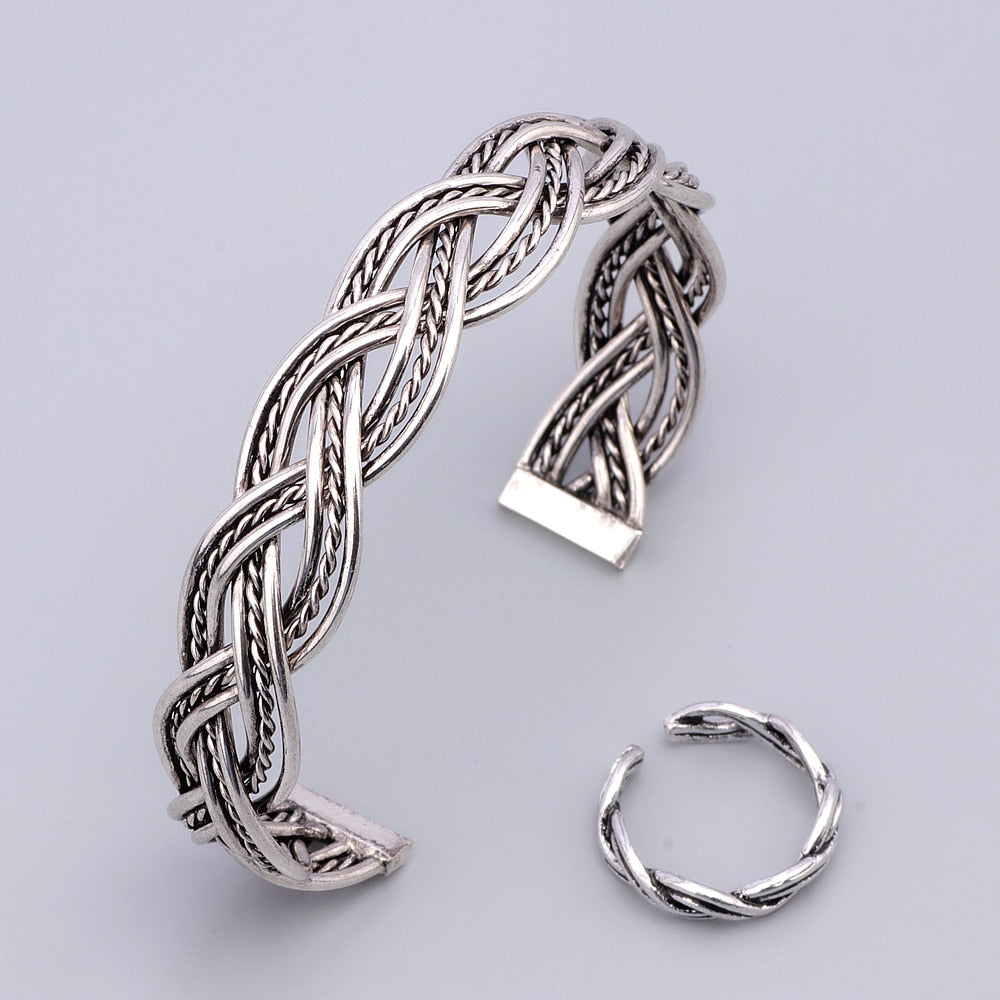 Vintage Jewelry Braid Open Cuff Bangles and Rings Jewelry Set For Woman